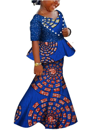 アフリカの女の子プリントハイウエストスカートスーツ綿スパンコール子供のドレススカートスーツ