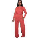 Spring Solid Lace-Up Long Sleeve Two-Piece Pants Set