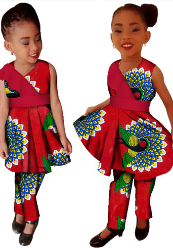 アフリカン エスニック プリント 女の子 ドレスとパンツ XNUMX点セット