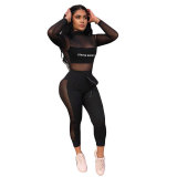 Sexy Mesh Patchwork Letter Two-Piece Casual Pants Set