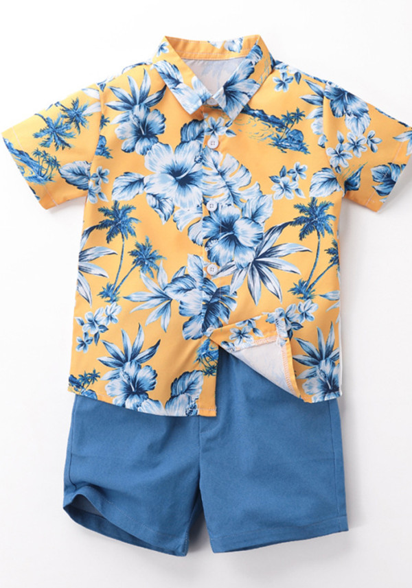 Children's shirt summer short-sleeved boy trendy two-piece set boy handsome clothes yellow flower Shirt shorts set