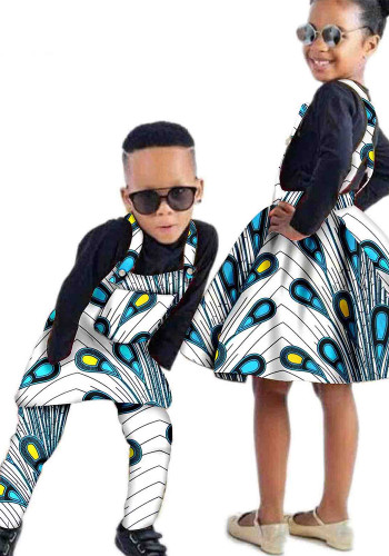 アフリカプリントバティックフルコットン子供服親子着メンズオーバーオール+レディーススカート