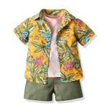 Children's Clothing Children's Solid T-Shirt Short Sleeve Floral Shirt Shorts Three-Piece Children Set