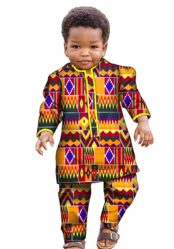 Afrikaanse Ankara Mode Gedrukt Jongens Set Lange Mouw Shirt Broek Afrikaanse Kinderkleding