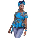 African Batik Printed Full Cotton Ladies Top + Turban + Earrings + Bracelet