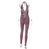 Summer V-neck Halter Neck Sexy Low Back Sports Slim Jumpsuit Women