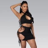 Summer sexy women's hollow out Lace up two-piece skirt set