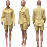 Women's Fashion Casual Stripe Patch Pocket Summer Shirt Shorts Two-Piece Set
