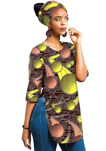 Afrikaanse volkatoen batik bedrukking dames Driedelige top + hoofddoek + oorbellen