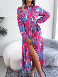 Women Color Block Floral Turndown Collar Tie Shirt Maxi Dress
