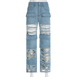 Women Pocket Patchwork Cutout Ripped Casual Straight High Rise Denim Pants