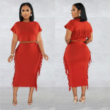 Women Solid Tassel Round Neck Short Sleeve Top and Long Dress Two-Piece Set
