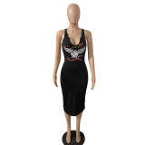 Women Summer Deep U-Neck Printed Sleeveless Midi Dress