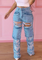 Pantalones de mezclilla de tiro alto rectos casuales rasgados con bolsillo de patchwork para mujer