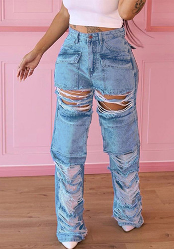 Women Pocket Patchwork Cutout Ripped Casual Straight High Rise Denim Pants