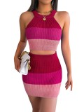 Women Colorblock Crop Top and Bodycon Skirt Two-Piece Set