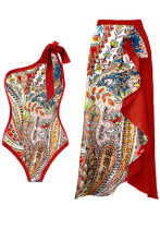 Conjunto de duas peças vestido longo estampado feminino com gravata em um ombro e peça única