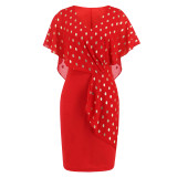 Women V-Neck Shiny Polka Dot Chiffon Dress