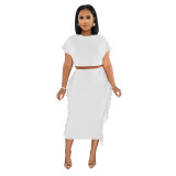 Women Solid Tassel Round Neck Short Sleeve Top and Long Dress Two-Piece Set