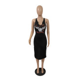 Women Summer Deep U-Neck Printed Sleeveless Midi Dress