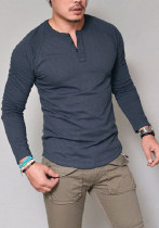 Camiseta de manga larga con botones y cuello redondo para hombre