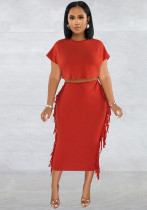 Conjunto de duas peças feminino com borla lisa decote redondo manga curta e vestido longo