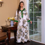 Women Big Leaf Print Muslim Patchwork long gown