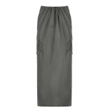Women Style Solid Cargo Pocket Slit Skirt