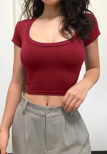 Women Square Neck Short Sleeve Crop T-Shirt