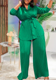 Women's Solid Color Pleated Loose Long Sleeve Lace-Up Shirt-Pants Two-Piece Set