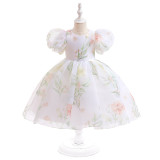 Girls Dress Puff Sleeve Princess Dress Children Floral Mesh Tutu Dress