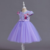 Children's Dress Princess Dress Flying Sleeve Girls Printed Mesh Dress Piano Performance Dress Tutu Skirt