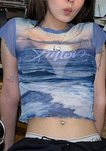 Kadın Yaz Stili Baskı Mesh See-Through Seksi Dar Kesim Crop T-Shirt Top