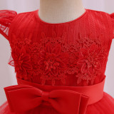 Girls Dress Dress Embroidered Solid Color Bow Knot Short Sleeve Puffy Princess Dress