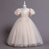 Puff sleeve children's wedding dress princess dress v-neck little girl catwalk mesh performance dress