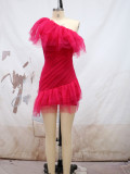 Women's Summer Style Slash Shoulder Pleated Mini Dress Mesh Trailing Formal Party Dress