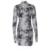Fall Skirt Long Sleeve Style Tie Dye Abstract Print Fitted Dress