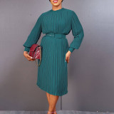 Plus Size Women's Spring Fashion Pleated Loose Chic Dress with Belt