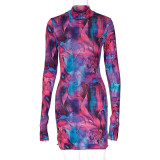 Fall Skirt Long Sleeve Style Tie Dye Abstract Print Fitted Dress