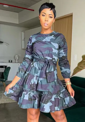 Women's Dress Long Sleeve Camouflage Print A-Line Dress. Cascading Ruffles Dress with Belt