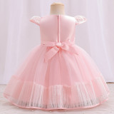 Girls Dress Dress Embroidered Solid Color Bow Knot Short Sleeve Puffy Princess Dress