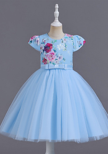 Kinderkleid Prinzessinnenkleid Fliegende Ärmel Mädchen Bedrucktes Netzkleid Klavier Performance Kleid Tutu Rock