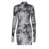 Jupe d'automne à manches longues style tie-dye robe ajustée à imprimé abstrait
