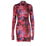 Jupe d'automne à manches longues style tie-dye robe ajustée à imprimé abstrait