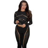 Fall Women's Sexy Round Neck Cutout Tight Fitting Top High Waist See-Through Casual Pant Set
