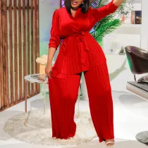 Women's Solid Color Pleated Loose Long Sleeve Lace-Up Shirt-Pants Two-Piece Set