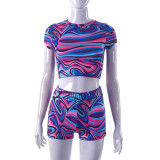 Women's Summer Print Short Sleeve Crop Top Shorts Sports Casual Set