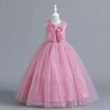 Girls lace big bow birthday performance evening dress middle and big children's performance long fluffy dress batch