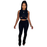 Women's Spring Summer Sexy Fit Round Neck Ripped Tank Top Bell Bottom Pants Two Piece pants set