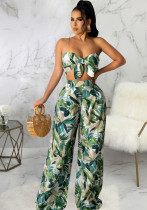 Conjunto de pantalones sueltos de dos piezas con estampado de hojas de cintura alta y top corto sexy para mujer